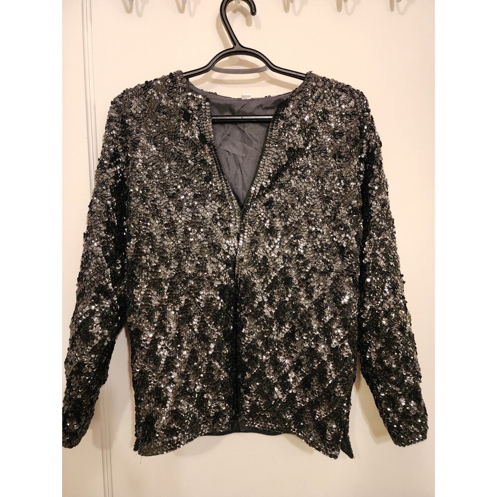 Vintage Ladies 1980s Black Sequin Jacket Size 40 M Disco Wedding Elegant Evening